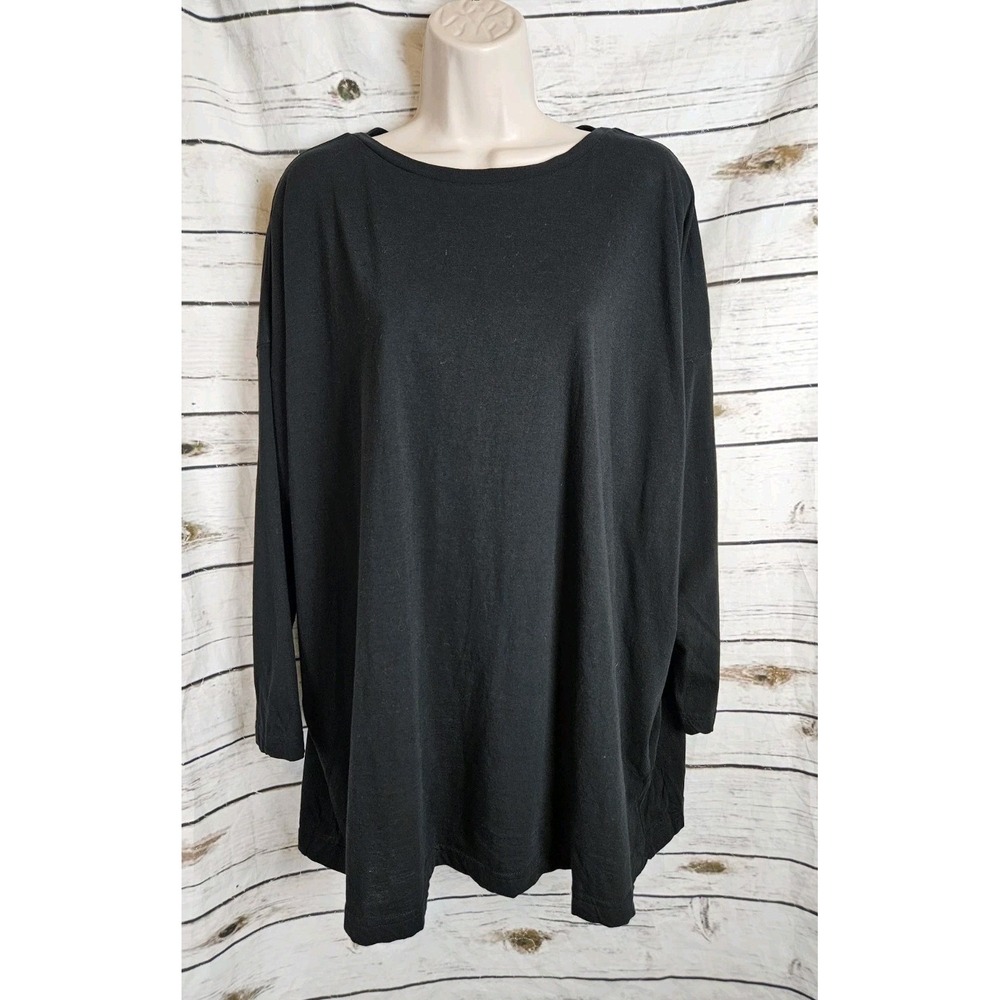eskandar Black Oversized Tee Top OS 100% Pima Cotton Lagenlook Womens Boxy